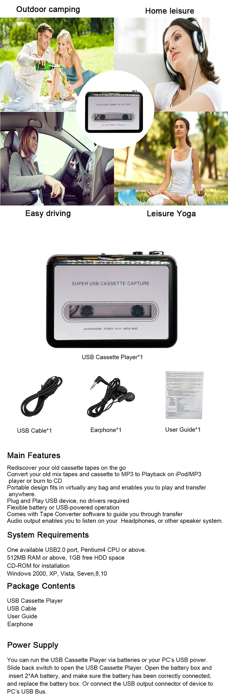 USB Cassette Player Tape to MP3 Converter Capture Adapter Audio Music Player Tape USB Cassette Recorder & Player