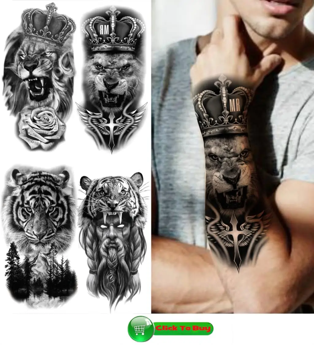God Cross Lion Temporary Tattoos For Men Women Realistic Compass Lion Fake Tatoos Forearm Jesus Christ Thigh Tattoo Sticker