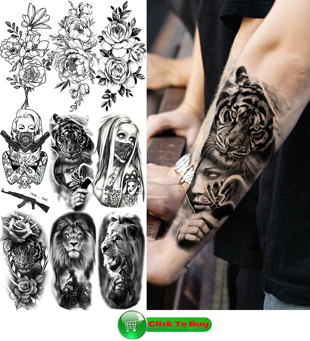 God Cross Lion Temporary Tattoos For Men Women Realistic Compass Lion Fake Tatoos Forearm Jesus Christ Thigh Tattoo Sticker