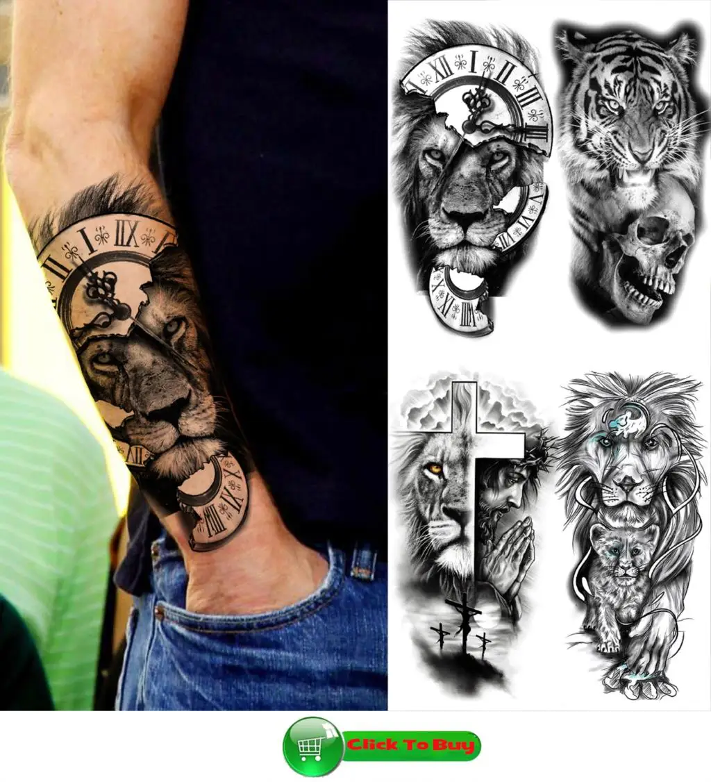 God Cross Lion Temporary Tattoos For Men Women Realistic Compass Lion Fake Tatoos Forearm Jesus Christ Thigh Tattoo Sticker