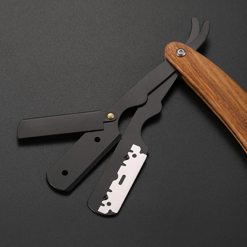 Wooden Trimmer Manual Shaver Professional Straight Edge Stainless Steel Sharp Barber Razor Folding Shaving Knife