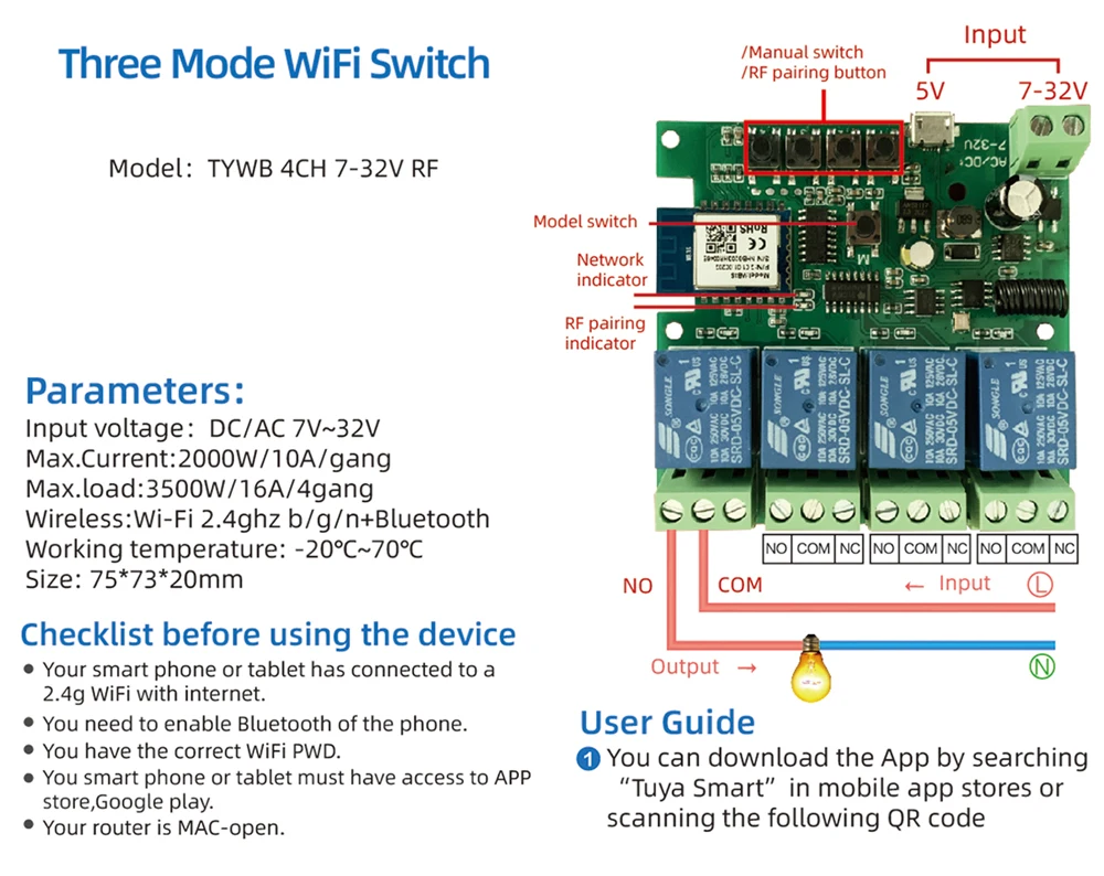 Tuya Wifi Smart Switch Module Support 1/4 Way Control,App Remote Control Light Breaker 85-250V 7-32V Work with Alexa Google Home