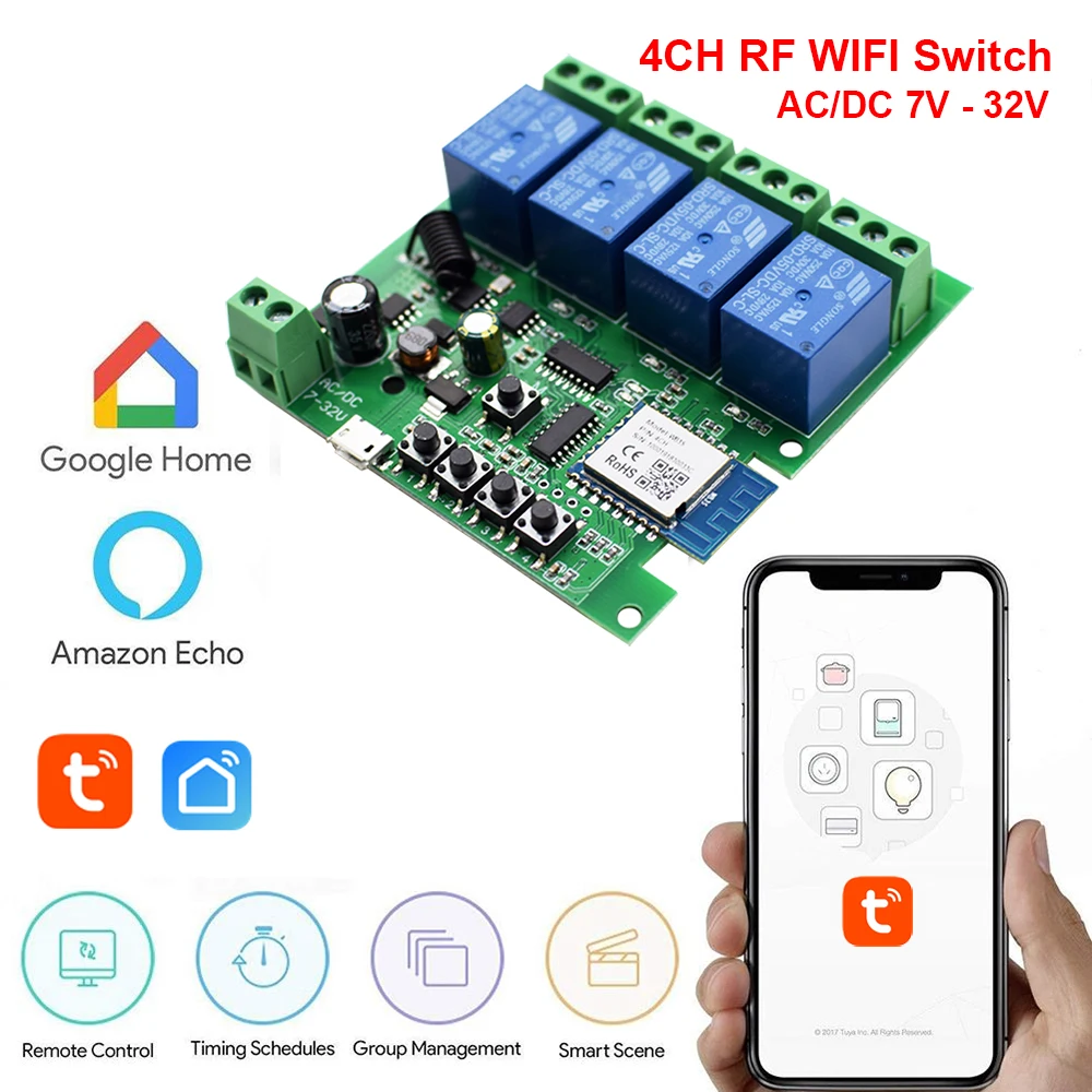 Tuya Wifi Smart Switch Module Support 1/4 Way Control,App Remote Control Light Breaker 85-250V 7-32V Work with Alexa Google Home