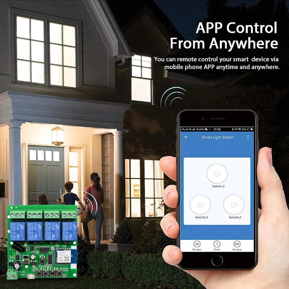 Tuya Wifi Smart Switch Module Support 1/4 Way Control,App Remote Control Light Breaker 85-250V 7-32V Work with Alexa Google Home