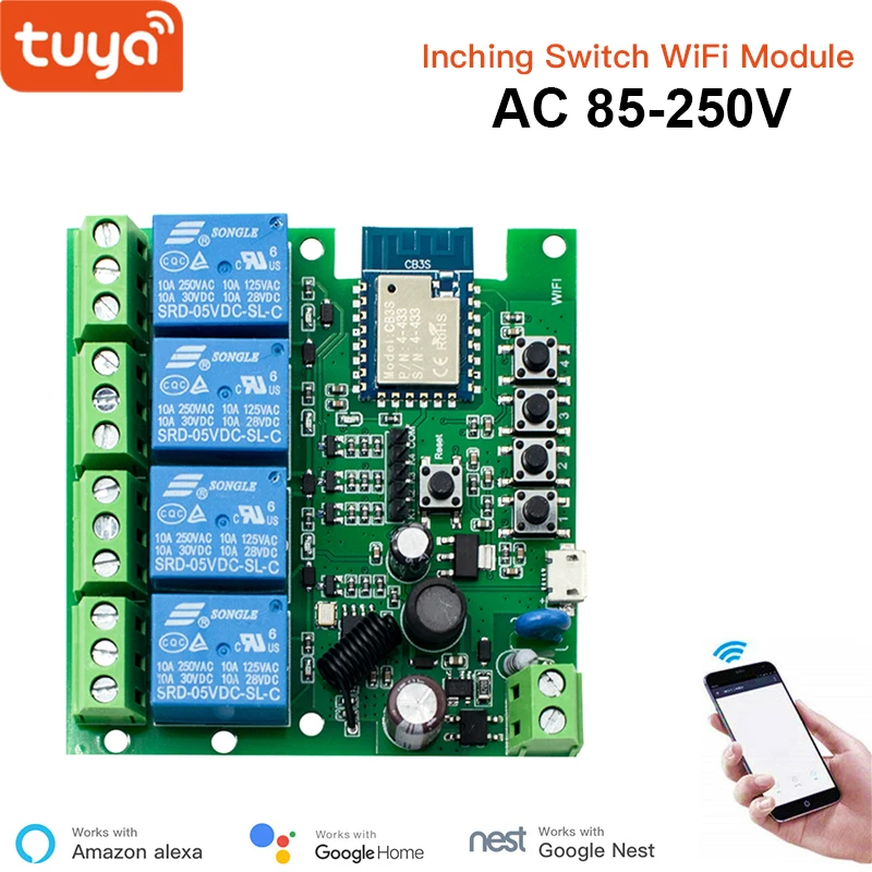 Tuya Wifi Smart Switch Module Support 1/4 Way Control,App Remote Control Light Breaker 85-250V 7-32V Work with Alexa Google Home