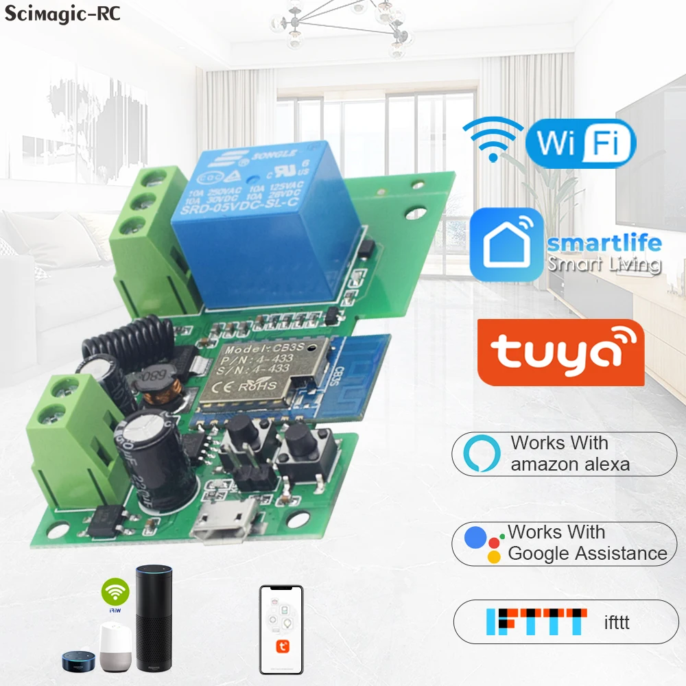 Tuya Wifi Smart Switch Module Support 1/4 Way Control,App Remote Control Light Breaker 85-250V 7-32V Work with Alexa Google Home
