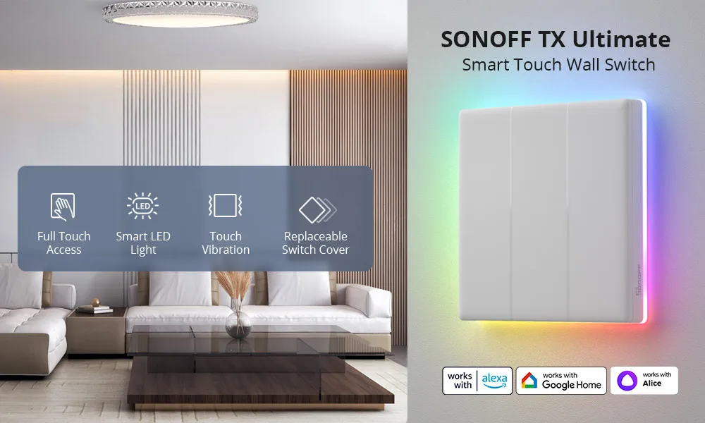 SONOFF TX Ultimate Smart WiFi Wall Switch Full Touch Access LED Multi-Sensory eWeLink Remote Control via Alexa Google Alice