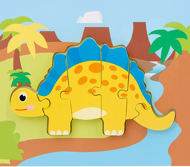 Baby Wooden Cartoon Dinosaur 3D Puzzle Jigsaw For Kids Boy Girl Montessori Early Learning Educatioanl Puzzle Toys