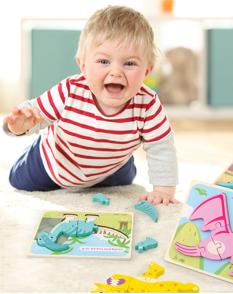 Baby Wooden Cartoon Dinosaur 3D Puzzle Jigsaw For Kids Boy Girl Montessori Early Learning Educatioanl Puzzle Toys