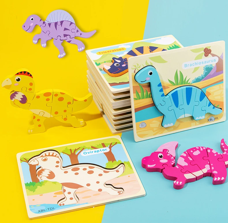 Baby Wooden Cartoon Dinosaur 3D Puzzle Jigsaw For Kids Boy Girl Montessori Early Learning Educatioanl Puzzle Toys