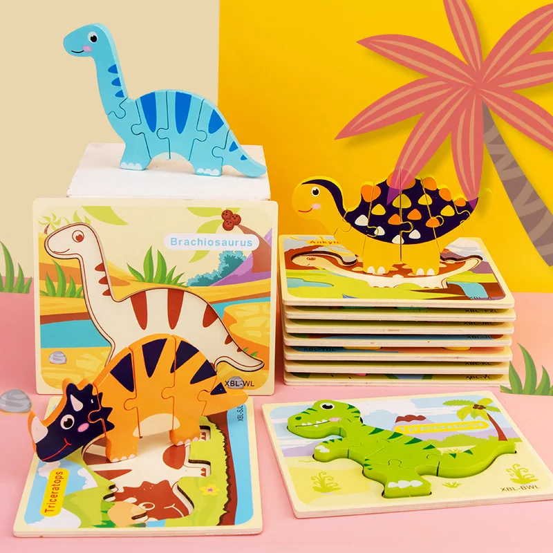 Baby Wooden Cartoon Dinosaur 3D Puzzle Jigsaw For Kids Boy Girl Montessori Early Learning Educatioanl Puzzle Toys