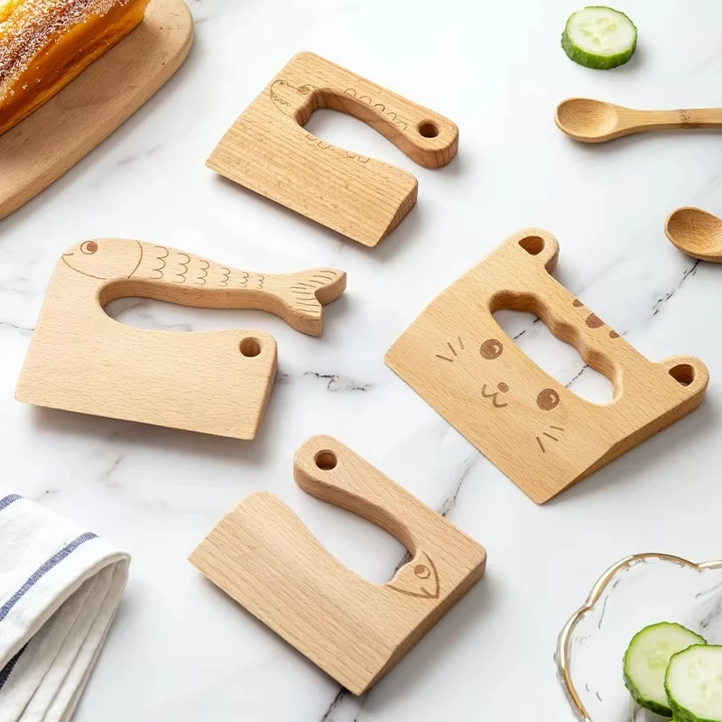 Wooden Montessori Knife Kids Cooking Toys Educational Safe Knives Cut Fruit Basic Toys & Life Skills Kitchen Tools For Toddlers