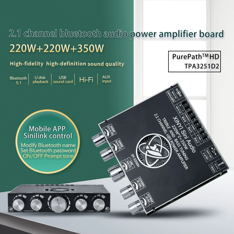 S350H TPA3251D2 Bluetooth 5.0 2.1 Channel Power Audio Stereo Subwoofer Amplifier Board 220WX2+350W TREBLE Bass Note Tuning AMP