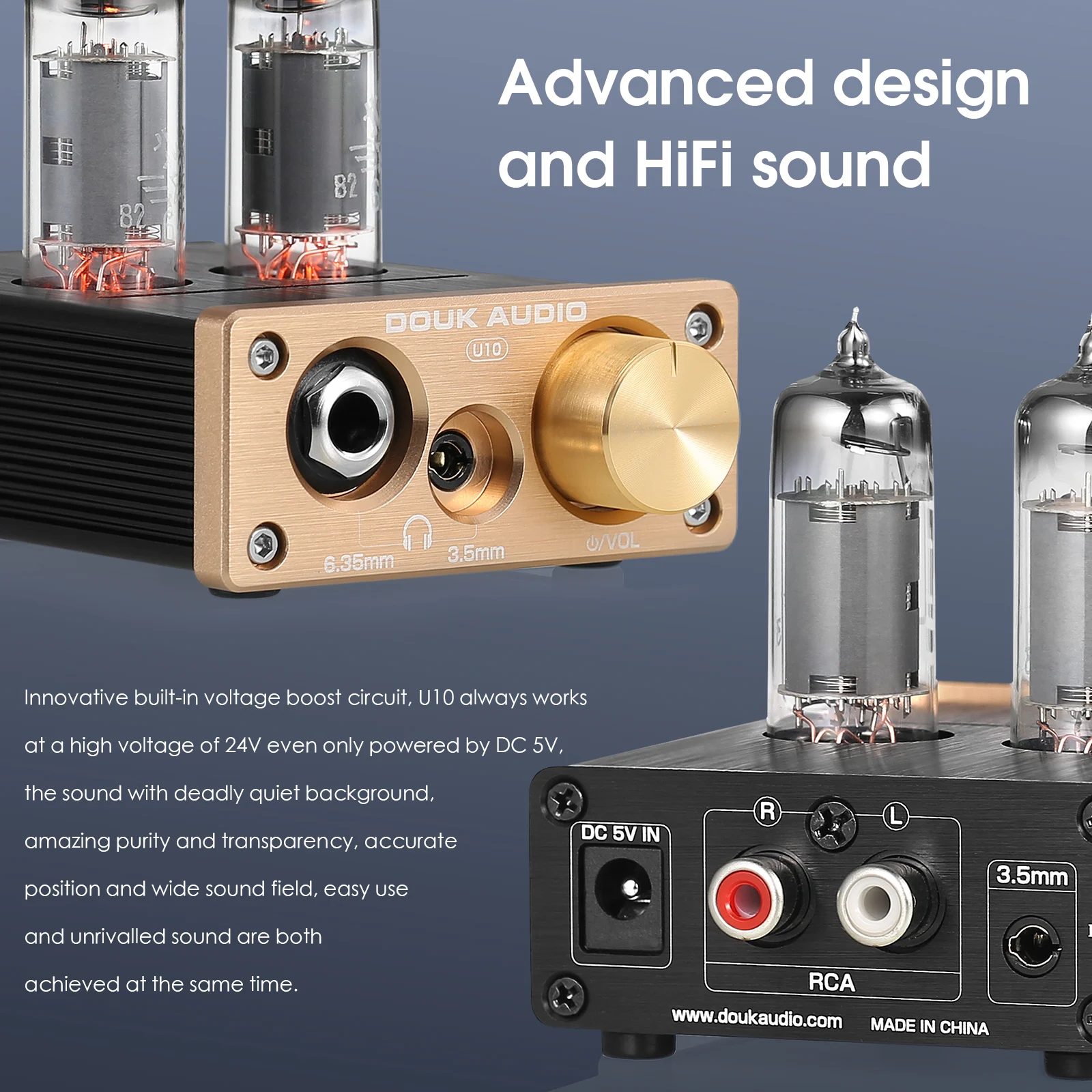 Douk Audio U10 HiFi Valve Tube Preamp Stereo AUX Desktop Audio Preamp 6.35mm/3.5mm Headphone Amplifier