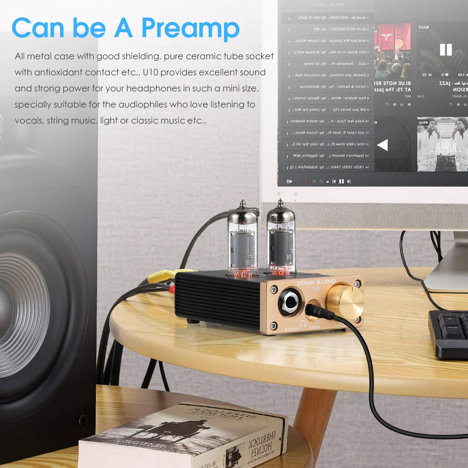 Douk Audio U10 HiFi Valve Tube Preamp Stereo AUX Desktop Audio Preamp 6.35mm/3.5mm Headphone Amplifier