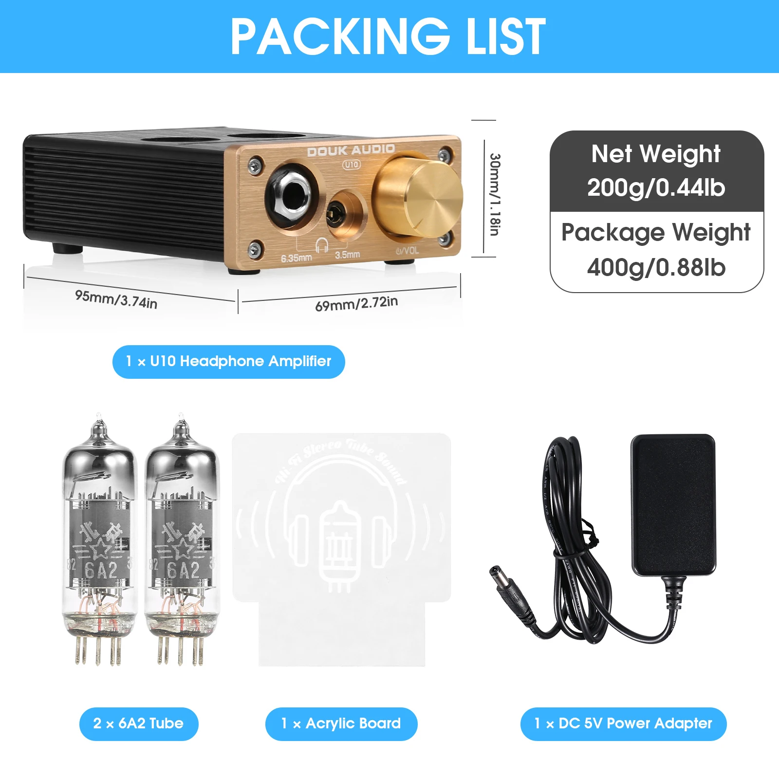Douk Audio U10 HiFi Valve Tube Preamp Stereo AUX Desktop Audio Preamp 6.35mm/3.5mm Headphone Amplifier