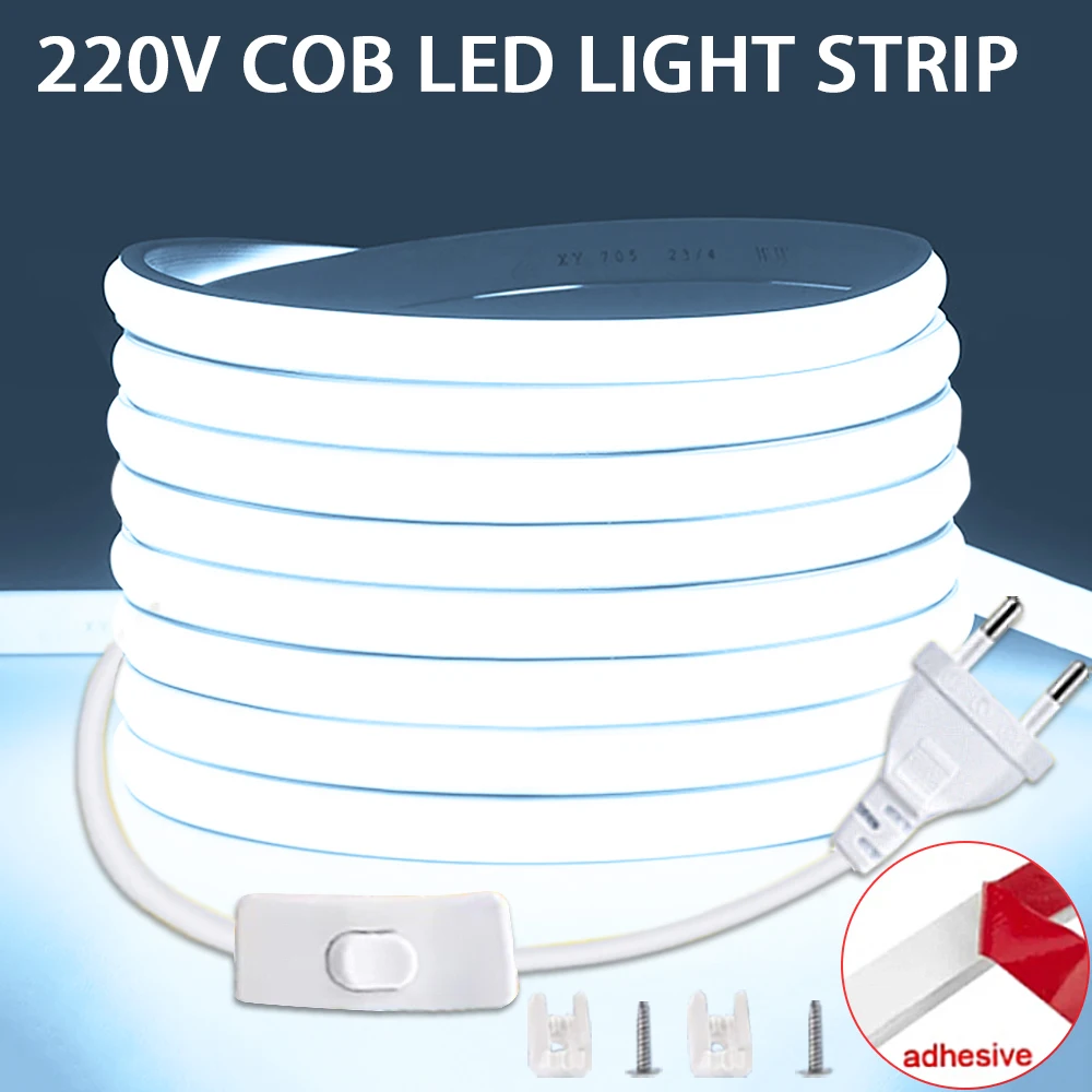COB LED Strip 220V with EU Plug 220V LED Strip Lights Flexible Lamp Tape for Kitchen Home Room Decor (with or without Switch)