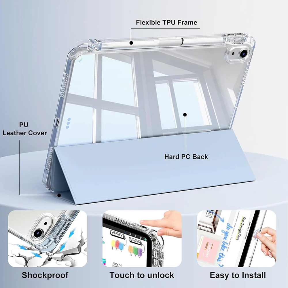 Crystal Clear Case For iPad 5 6 7 8 9 10 11 Air 11 13 inch /Mini 6th 7th gen /Pro 11 12.9 (3rd/4th/5th/6th gen) with pen holder