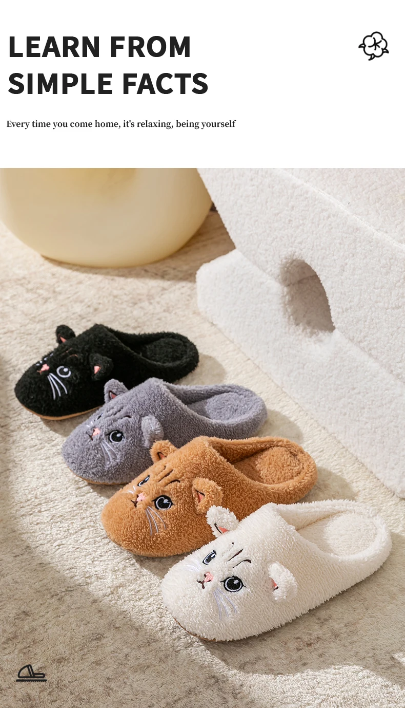 Cute Cat Design Plush Ladies Slippers Autumn And Winter Indoor Floor Non-Slip Soft Bottom Comfortable Warm Home Shoes for Unisex