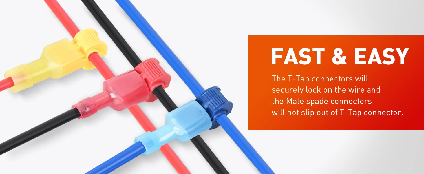 T Tap Wire Connectors, 60/50/40pcs Self-Stripping with Nylon Fully Insulated Male Quick Disconnect Splice T Type Electrical Wire