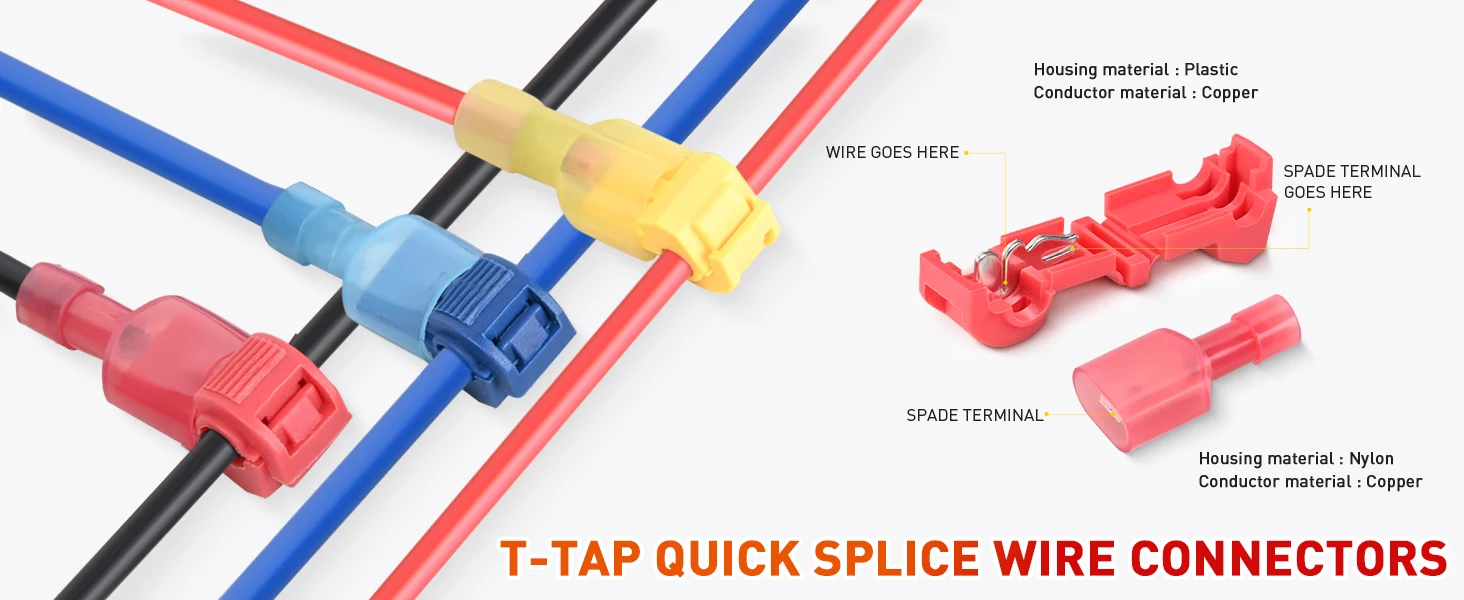 T Tap Wire Connectors, 60/50/40pcs Self-Stripping with Nylon Fully Insulated Male Quick Disconnect Splice T Type Electrical Wire