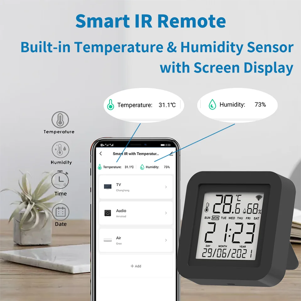 Tuya WiFi Smart IR with Temperature & Humidity Sensor and Date Display for Air Conditioner TV Work with Alexa,Google Home