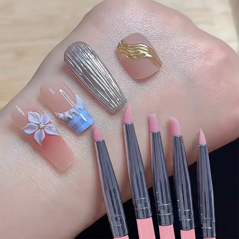 5Pcs/set Silicone Nail Brush UV Gel Polish Tip 3D Image DIY Dotting Polish Brushes Pen Professional DIY Manicure Tools