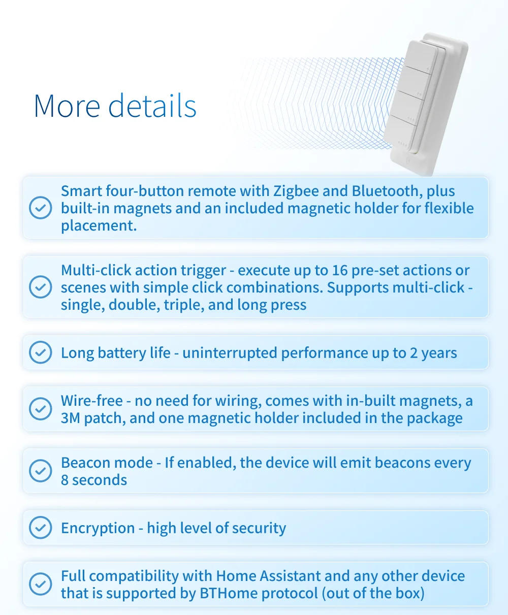 Shelly BLU RC Button 4 ZB Zigbee Remote Control Smart Light Switch Bluetooth Work With Home Assistant Multiclick Action Trigger