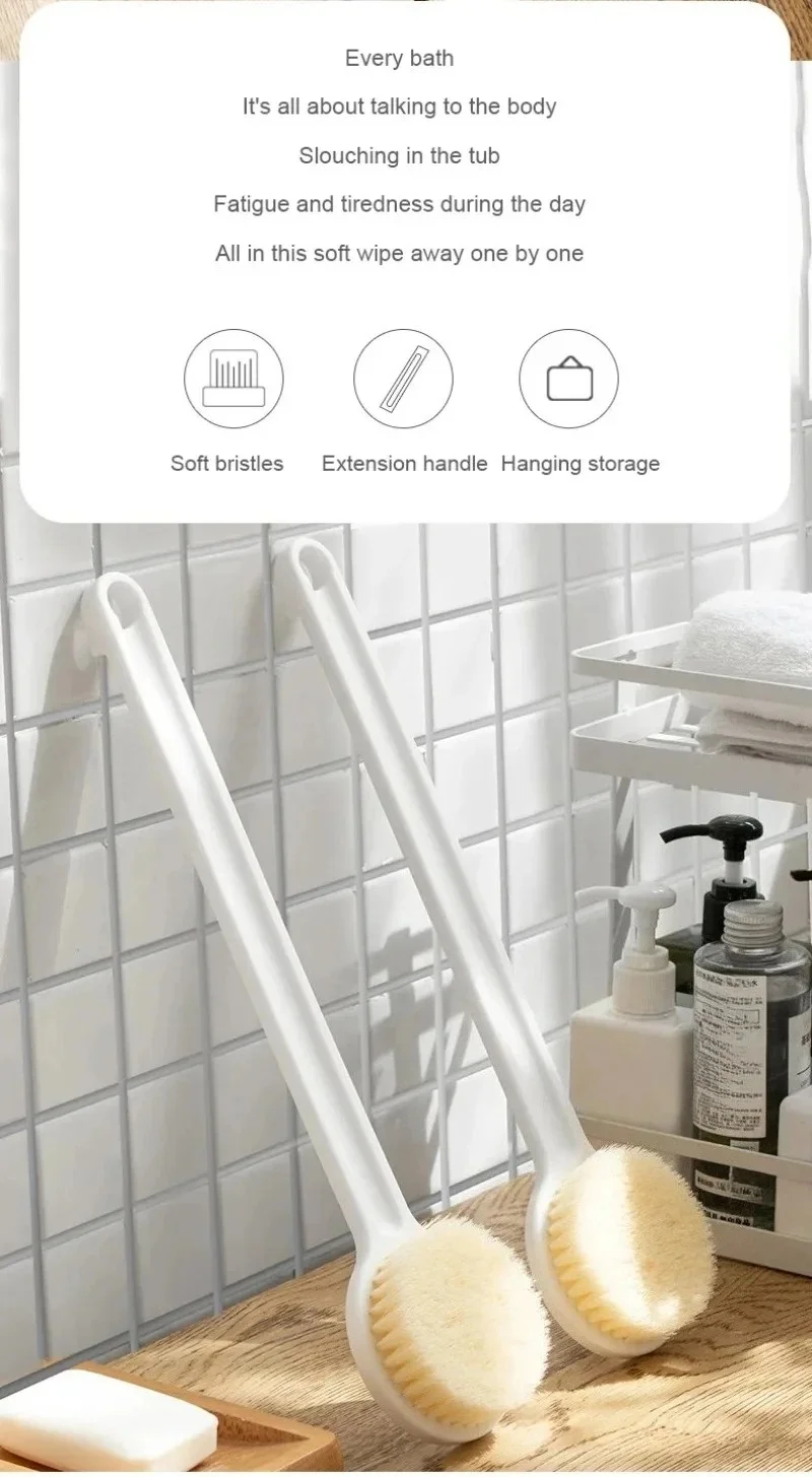Long Handle Back Scrubber Bath Brush Soft Bristle Exfoliating Shower Brush with Hanging Hole Body Cleansing Tool for Bathroom