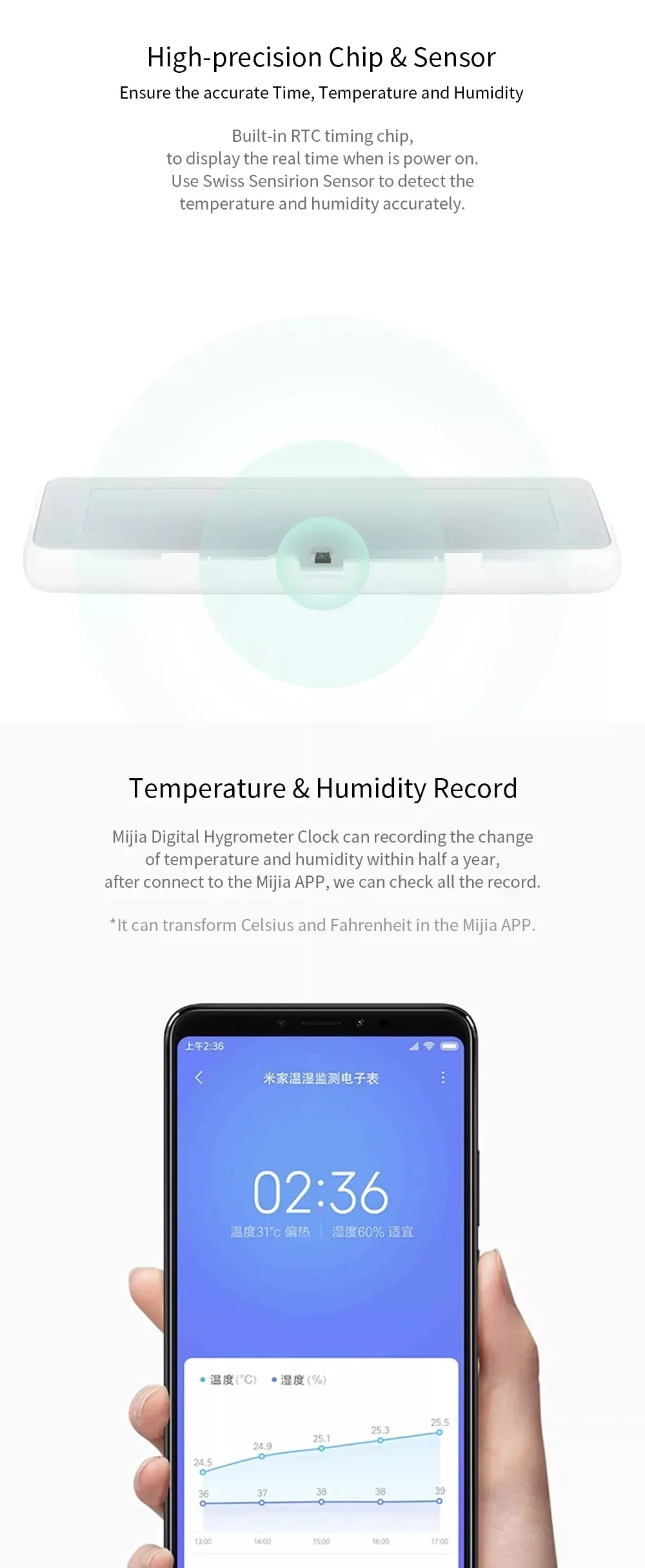 Xiaomi Mijia BT4.0 Wireless Smart Digital Clock Hygrometer Thermometer E-link Indoor Outdoor