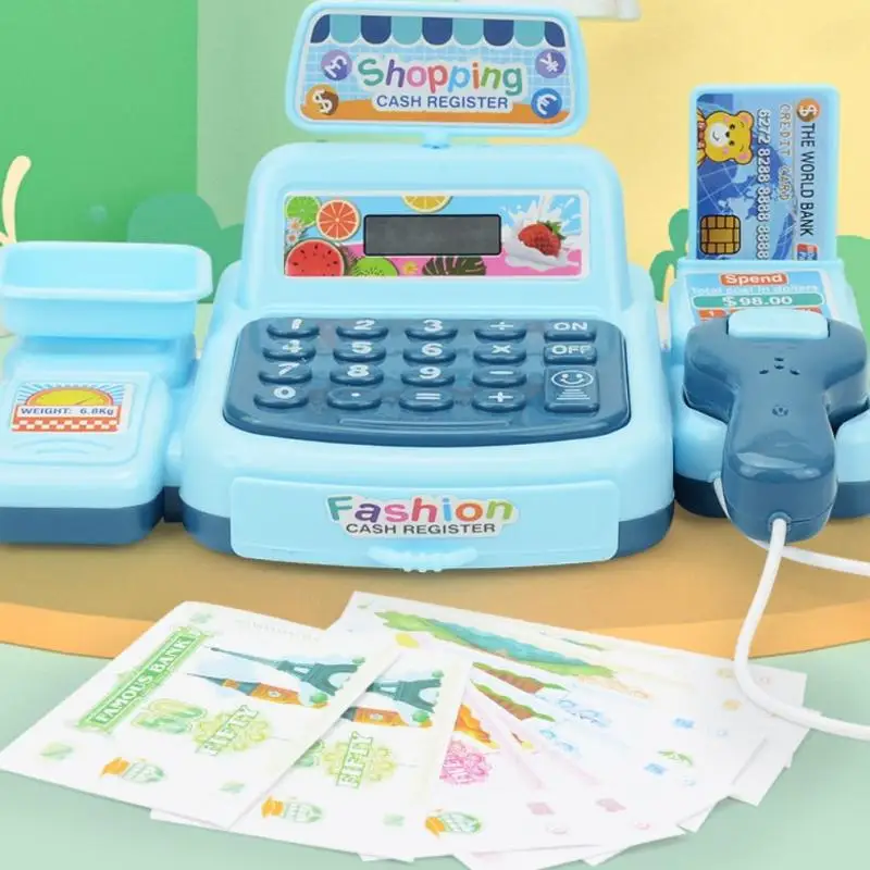 1set Interactive Kids Cash Register Machine Toy with Working Scanner Shopping Cart Play Money Set Play Gift for Children