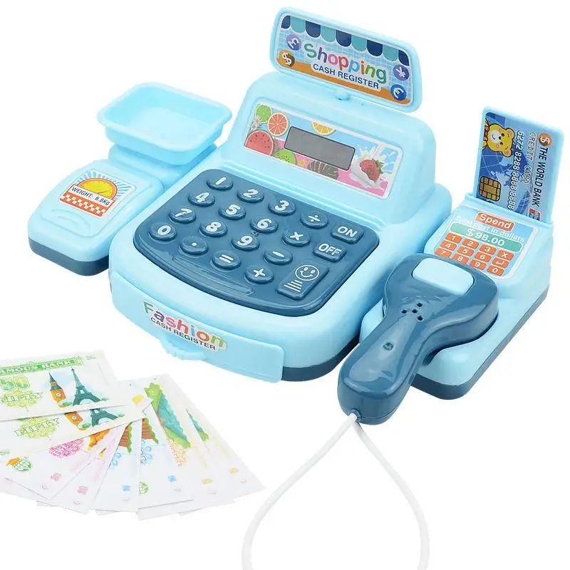 1set Interactive Kids Cash Register Machine Toy with Working Scanner Shopping Cart Play Money Set Play Gift for Children