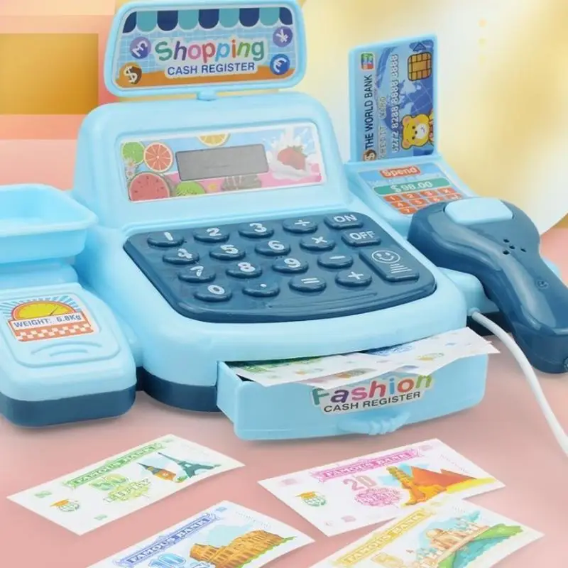 1set Interactive Kids Cash Register Machine Toy with Working Scanner Shopping Cart Play Money Set Play Gift for Children