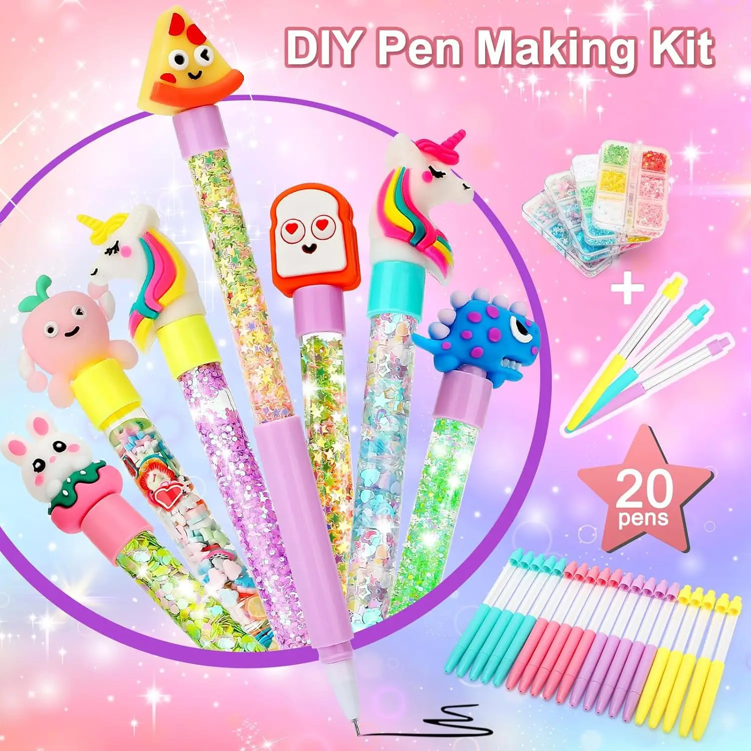 DIY Glitter Pen Making Kit Kids Craft Supplies 80+ Pieces Handmade Art Set Make 16 Pens Cartoon Decor Birthday Gift For Girls Bo