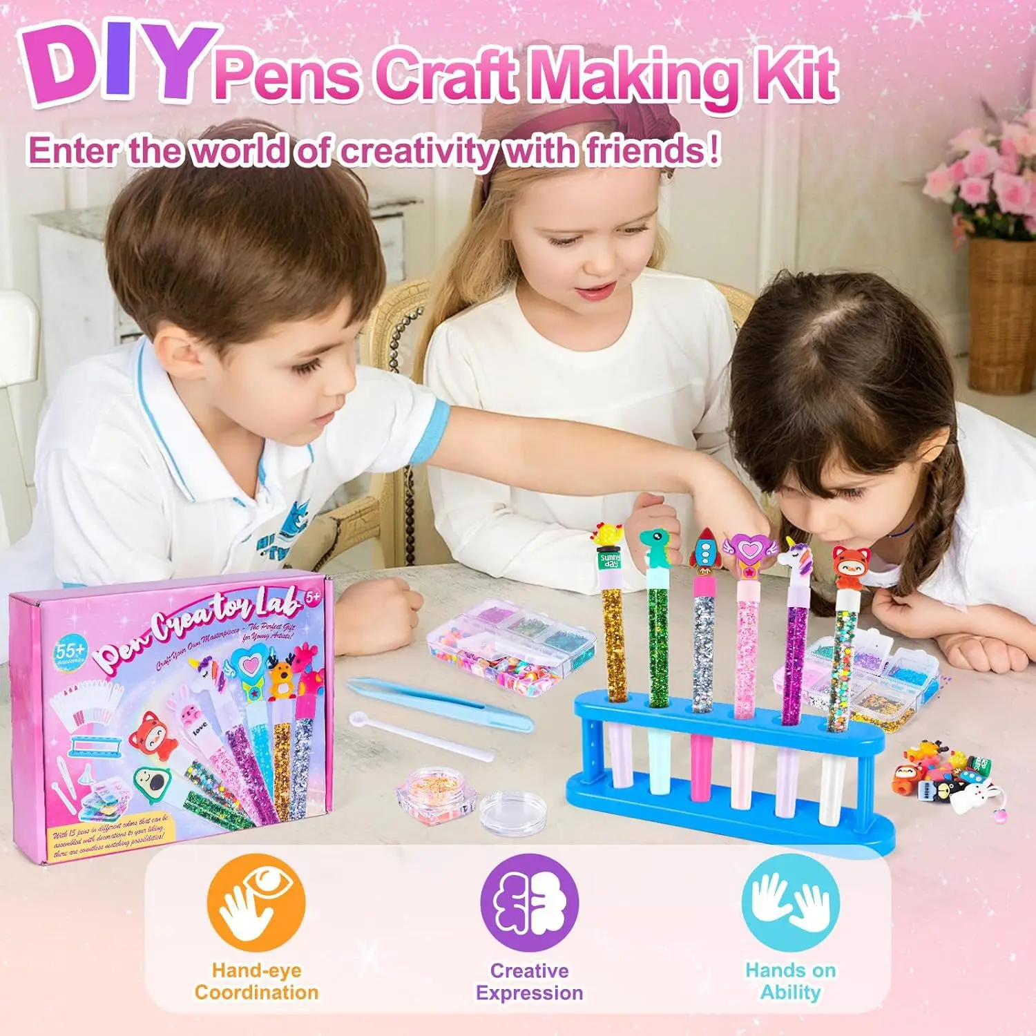 DIY Glitter Pen Making Kit Kids Craft Supplies 80+ Pieces Handmade Art Set Make 16 Pens Cartoon Decor Birthday Gift For Girls Bo