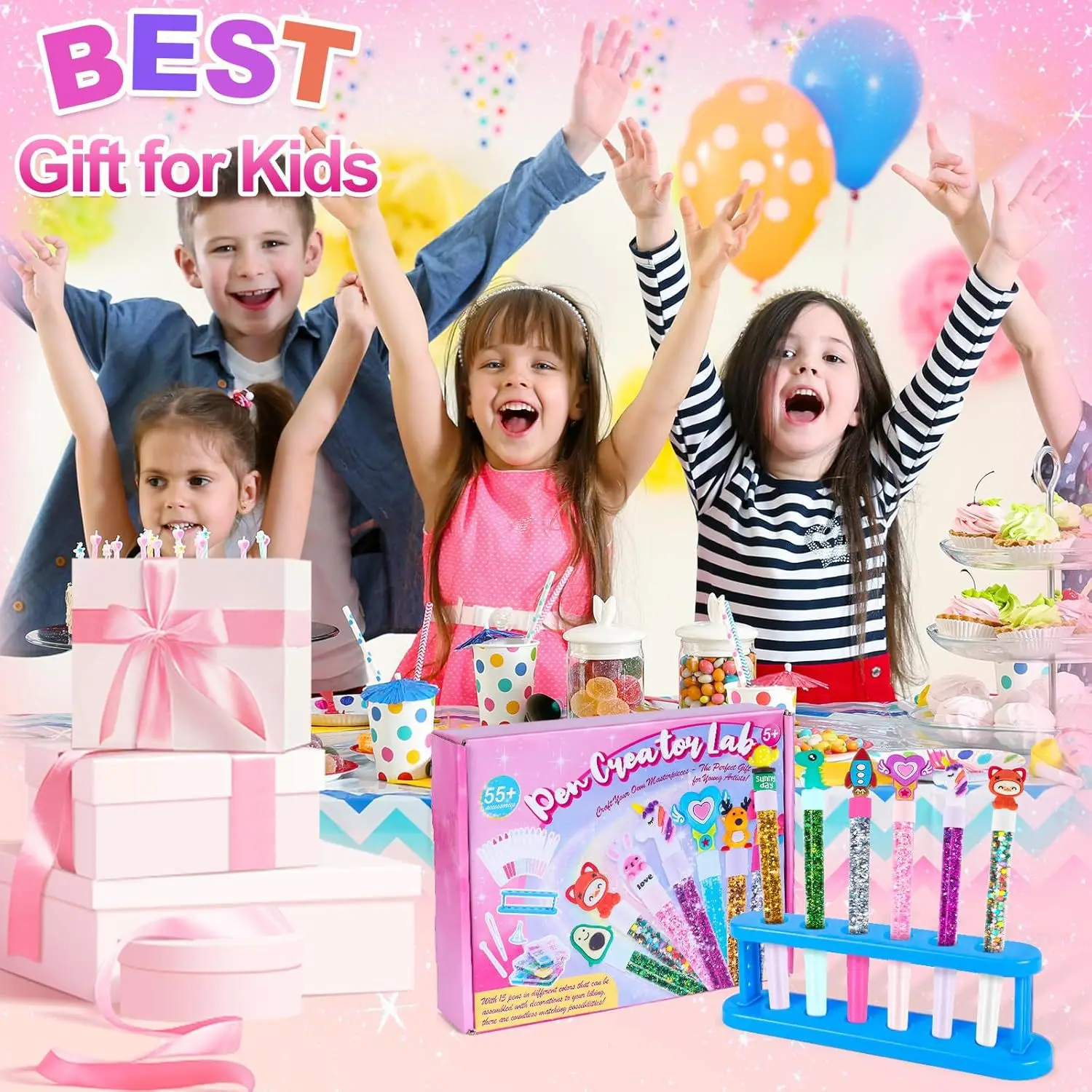 DIY Glitter Pen Making Kit Kids Craft Supplies 80+ Pieces Handmade Art Set Make 16 Pens Cartoon Decor Birthday Gift For Girls Bo