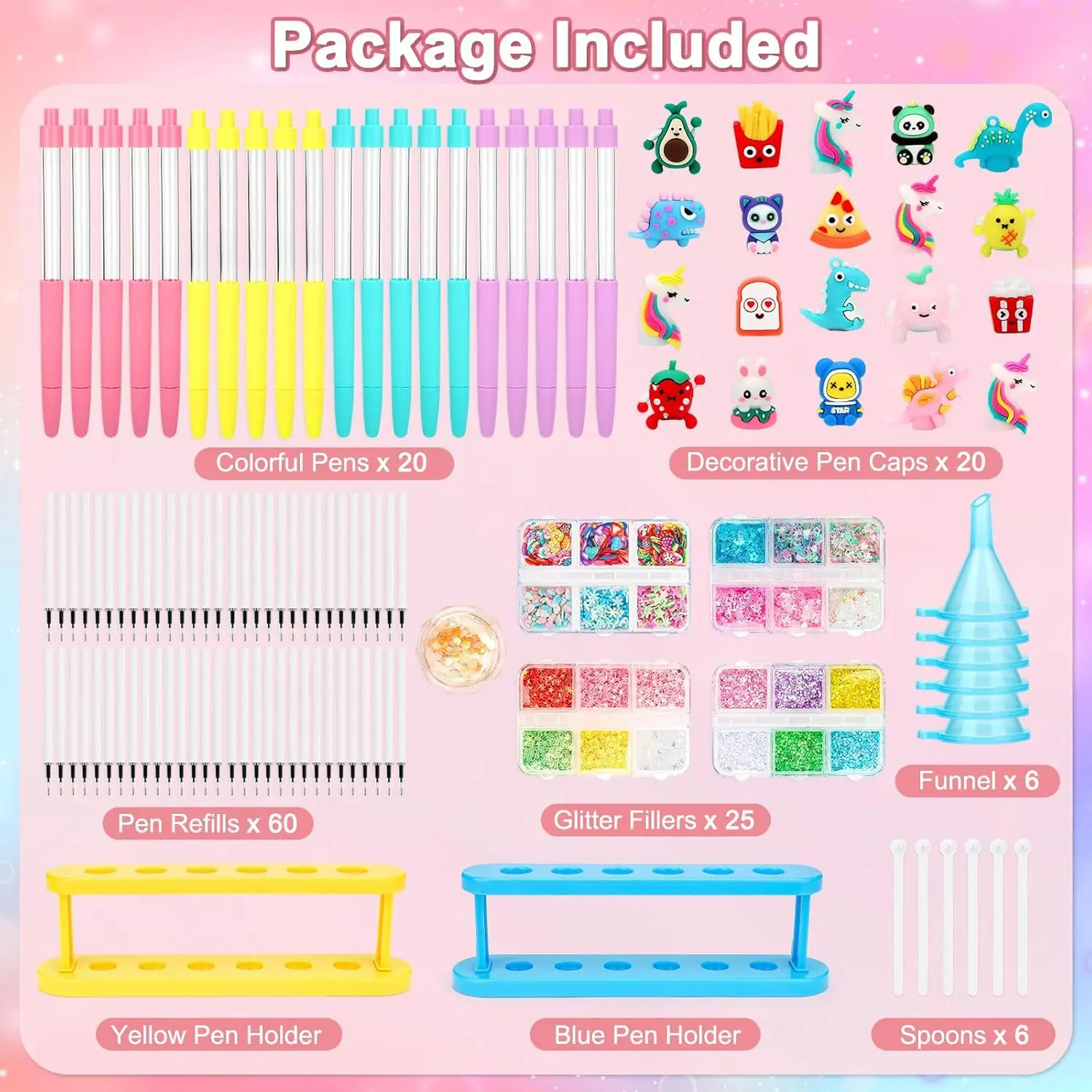 DIY Glitter Pen Making Kit Kids Craft Supplies 80+ Pieces Handmade Art Set Make 16 Pens Cartoon Decor Birthday Gift For Girls Bo