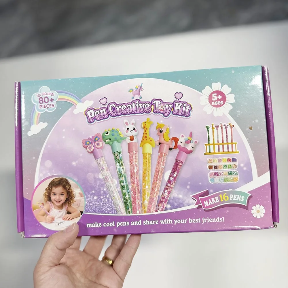 DIY Glitter Pen Making Kit Kids Craft Supplies 80+ Pieces Handmade Art Set Make 16 Pens Cartoon Decor Birthday Gift For Girls Bo
