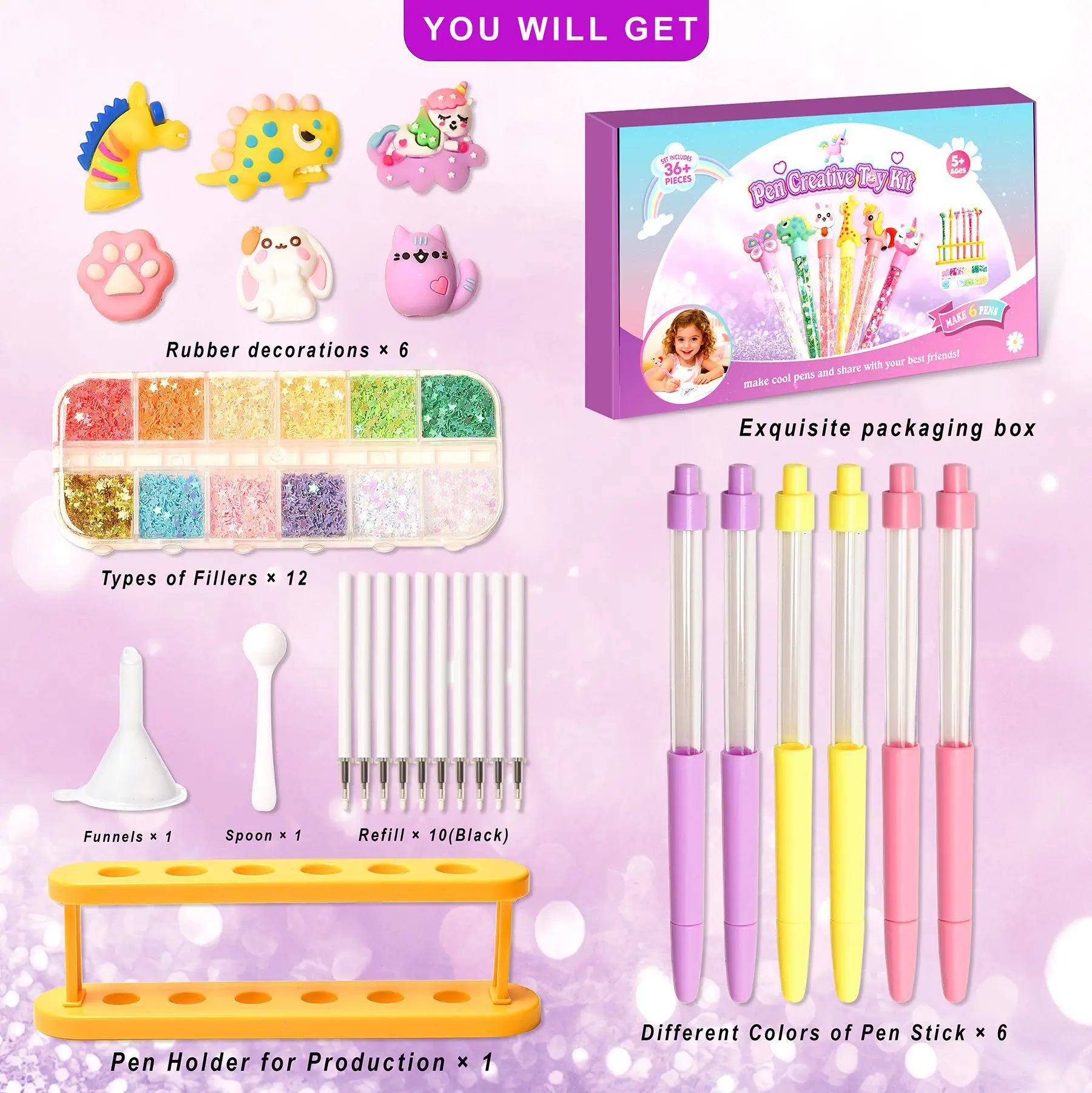 DIY Glitter Pen Making Kit Kids Craft Supplies 80+ Pieces Handmade Art Set Make 16 Pens Cartoon Decor Birthday Gift For Girls Bo