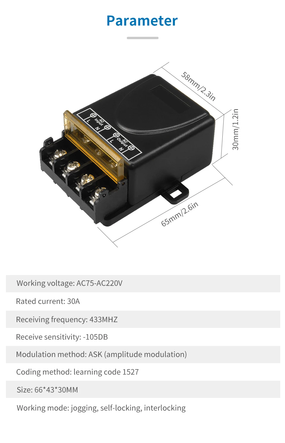 RF433Mhz 30A Wireless Remote Control On OFF Switch AC 75-220V DC 9-72V Transmitter For Water Pump Motor LED Electric Appliance