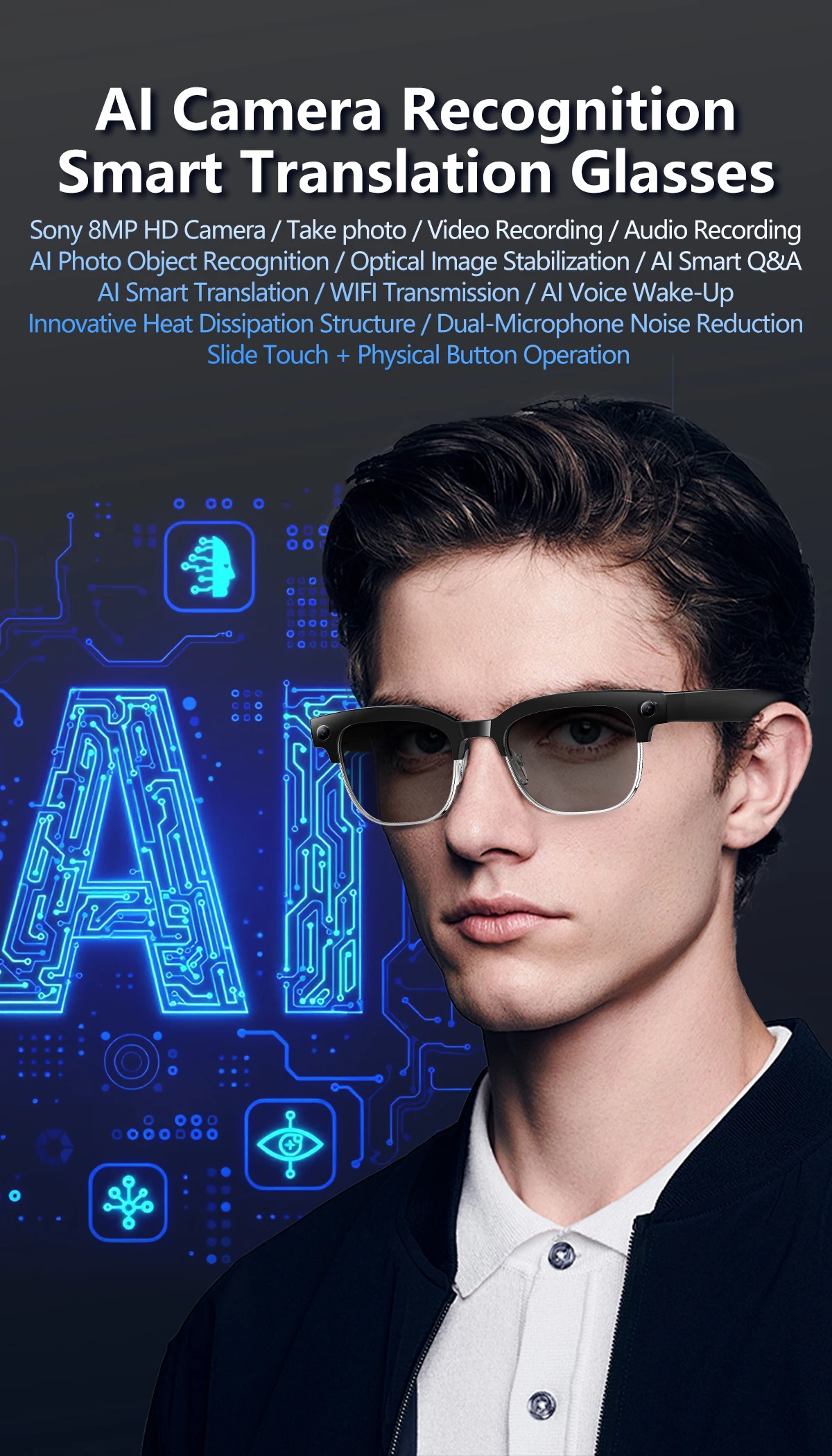 2026 New AIl Smart Glasses 4K 8MP HD Camera Video 1080P 100+ LanguagesTranslation WiFi Sunglasses Bluetooth Call Music Men Women