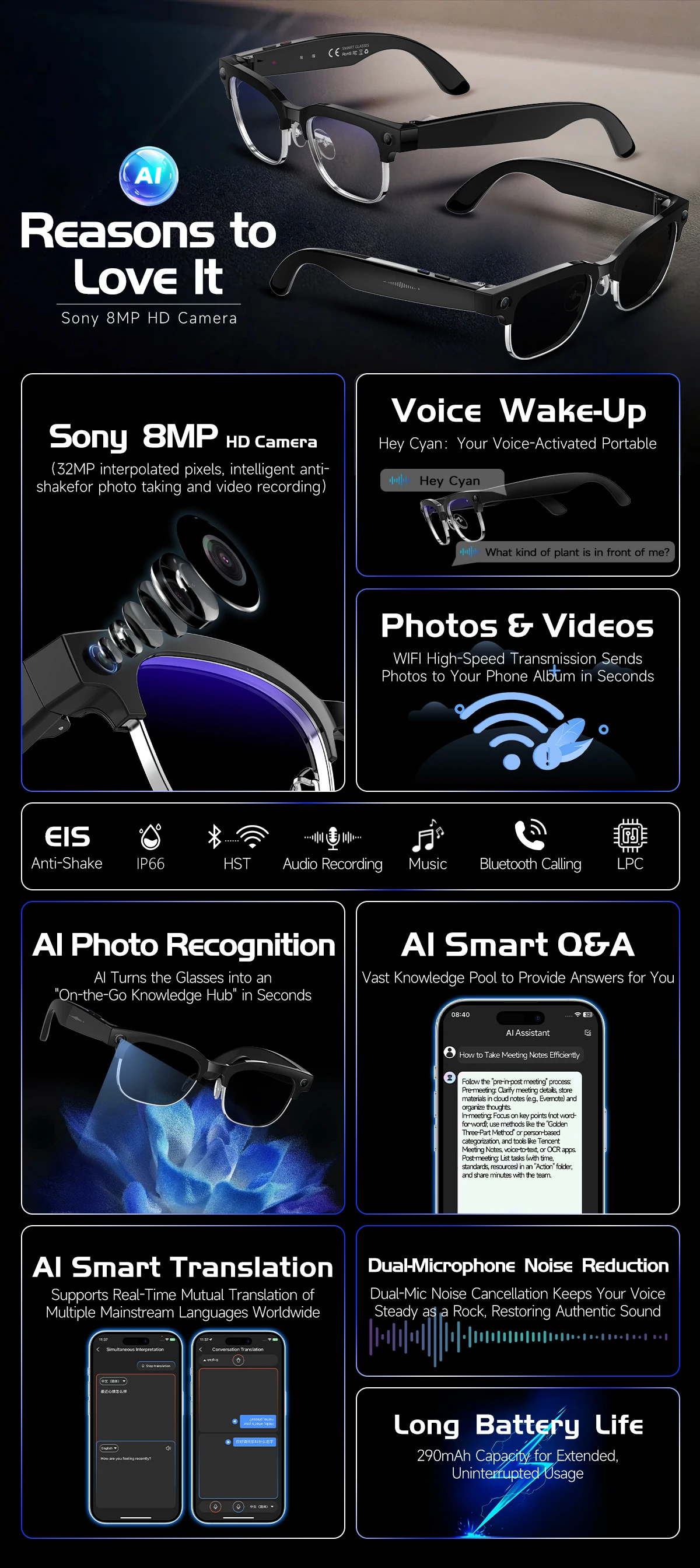 2026 New AIl Smart Glasses 4K 8MP HD Camera Video 1080P 100+ LanguagesTranslation WiFi Sunglasses Bluetooth Call Music Men Women