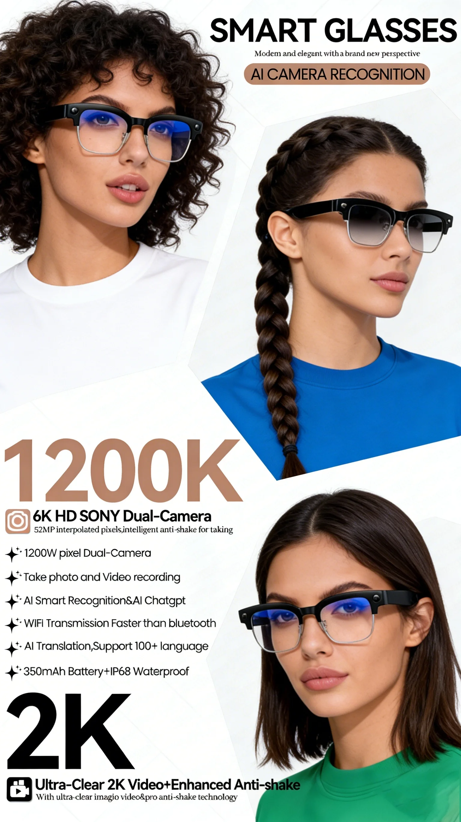 2026 New AIl Smart Glasses 4K 8MP HD Camera Video 1080P 100+ LanguagesTranslation WiFi Sunglasses Bluetooth Call Music Men Women