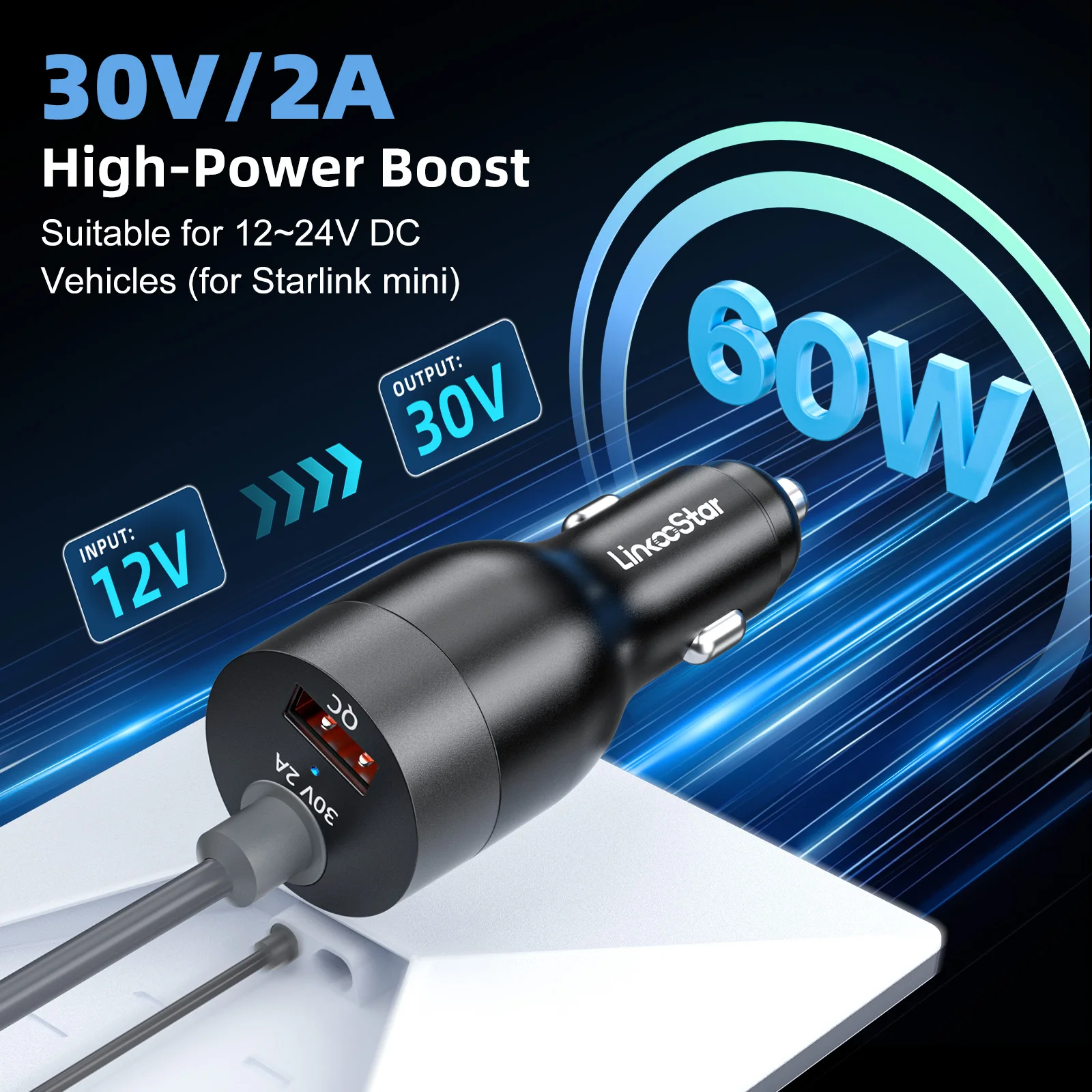 Power Charger for Starlink Mini Car Adapter with 12V-24V to 30V DC Step Up Converter USB-A QC 3.0 Cigarette Lighter Adapter