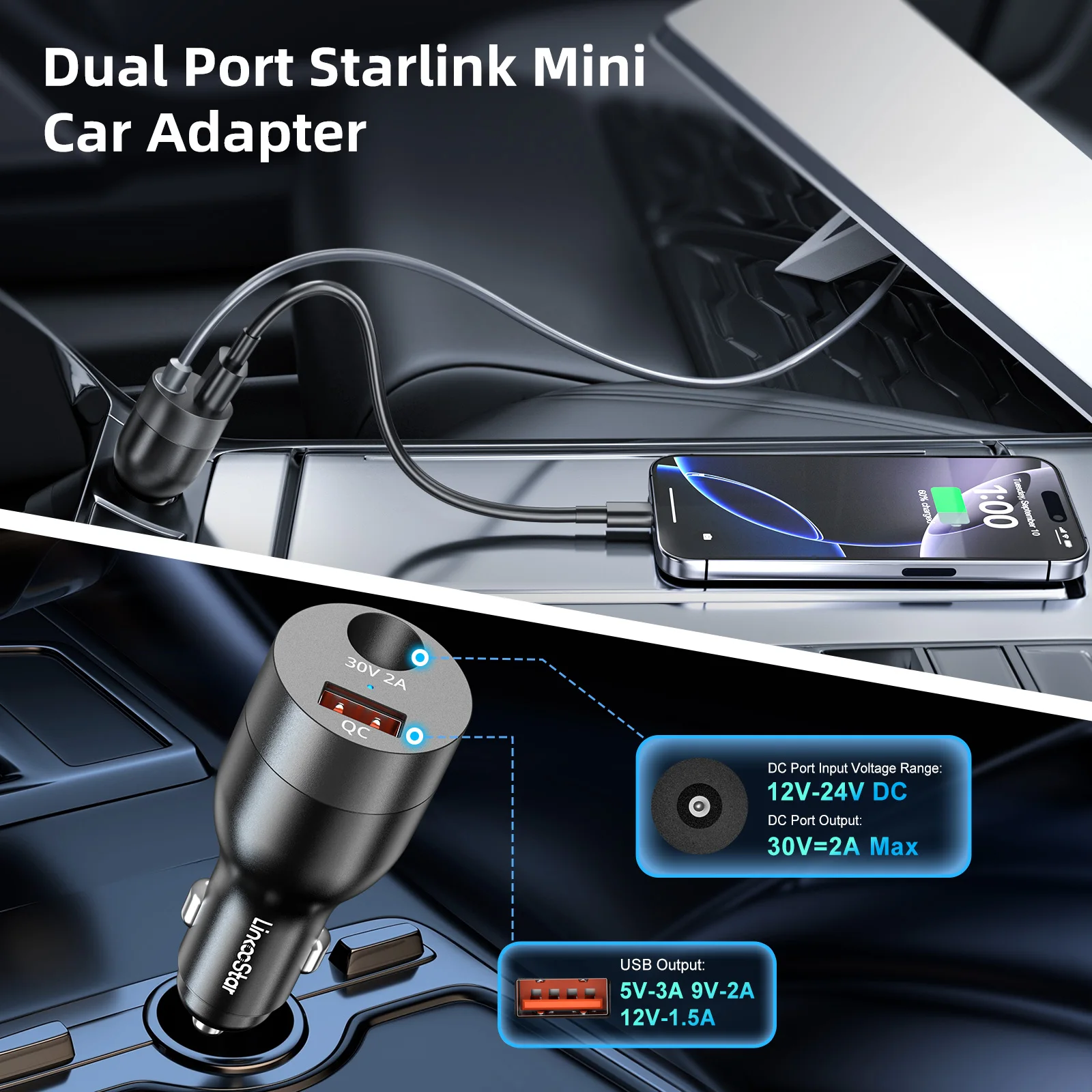 Power Charger for Starlink Mini Car Adapter with 12V-24V to 30V DC Step Up Converter USB-A QC 3.0 Cigarette Lighter Adapter