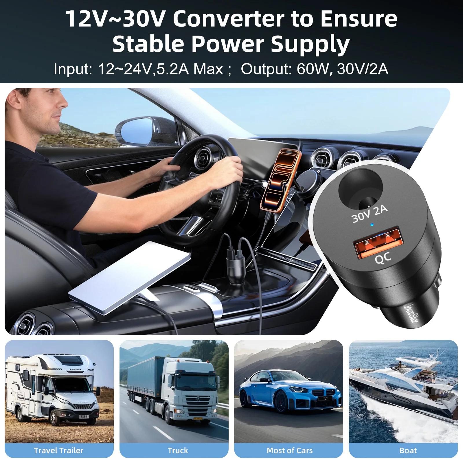 Power Charger for Starlink Mini Car Adapter with 12V-24V to 30V DC Step Up Converter USB-A QC 3.0 Cigarette Lighter Adapter