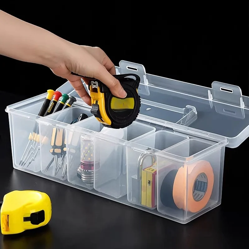 7pcs Set: 6 Small Boxes + 1 Large Box, Multi-Compartment Transparent Tool Storage Case, Household Organizer for Screws, Wrenches