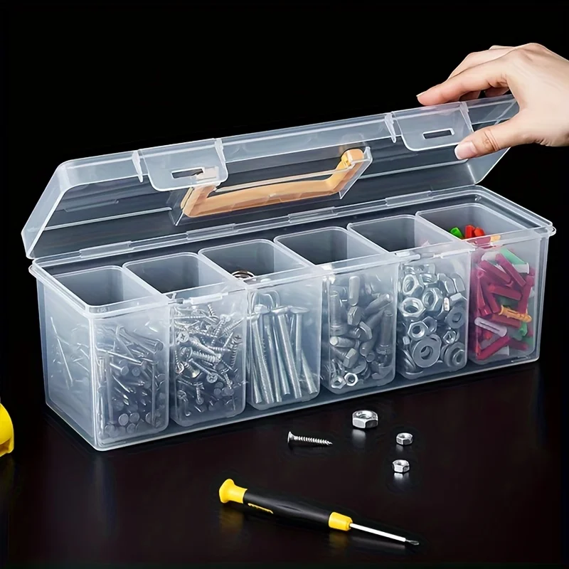 7pcs Set: 6 Small Boxes + 1 Large Box, Multi-Compartment Transparent Tool Storage Case, Household Organizer for Screws, Wrenches