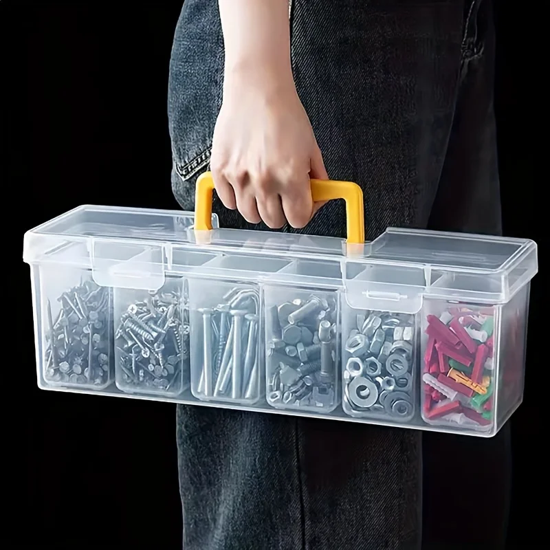 7pcs Set: 6 Small Boxes + 1 Large Box, Multi-Compartment Transparent Tool Storage Case, Household Organizer for Screws, Wrenches