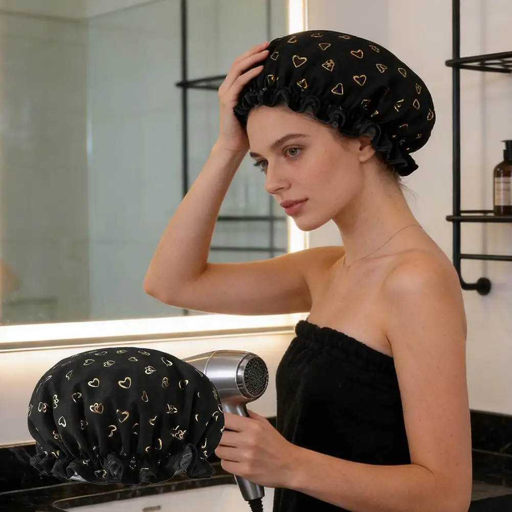 Large Shower Caps For Women, Reusable Waterproof Shower Cap Double Layers Bath Caps With Hair Scrunchies For Long Thick Hair